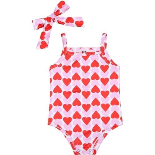 Little Girls Valentines Day 2Pcs Romper Set Sleeveless Square Neck Heart Printed Triangle Sling Bodysuit with Headband 1-6Years