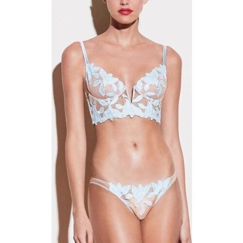 Sexy underwear female three-dimensional embroidery mesh stitching ultra-thin steel ring gather bra set deep V lingerie panty