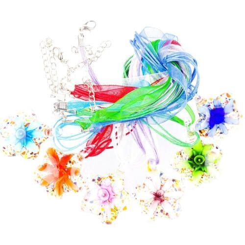 Wholesale 6pcs necklaces handmade Murano Lampwork Glass Mixed Colorful Exquisite Plum blossom Pendants Charms Cord Necklaces