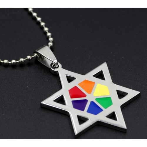 Stainless Steel Rainbow Ray Star Of David Necklace Jewish Gay Lesbian LGBT Judaism Pride Pendant