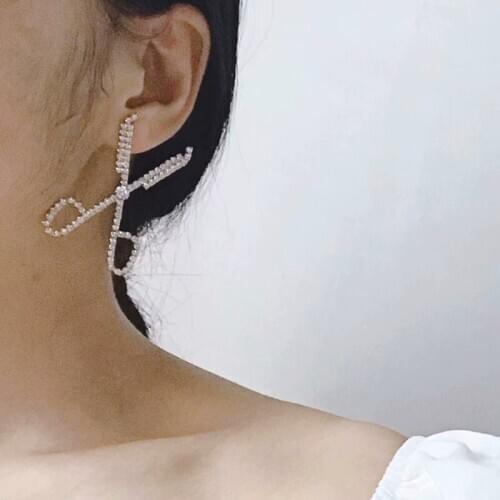 Full Rhinestone Scissors Shape Funny Earrings Women Trendy Sense of design Golden Silvery Jewelry Cute Vintage