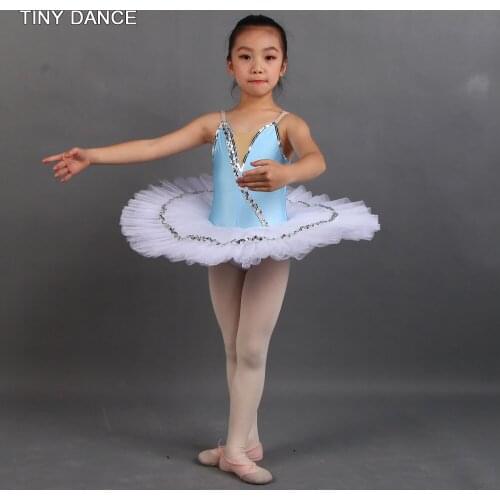 Pale Blue Spandex Bodice with White Pancake Tutu Performance Ballerina Dance Costume Girls Professional Tutu Dress PLL003
