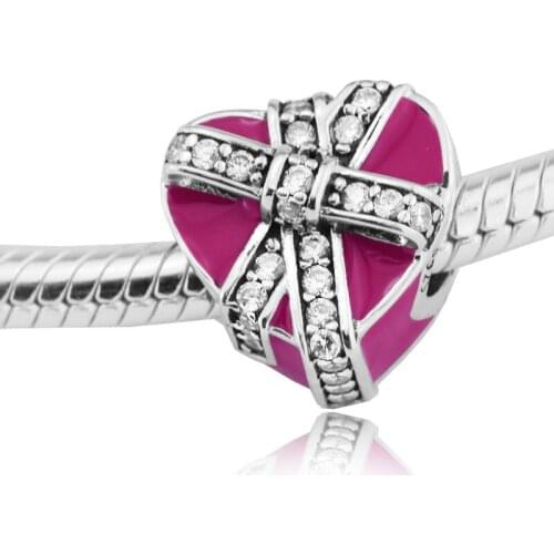 Clear CZ Bow Valentine Gift Heart Beads for Women Charms Bracelets Silver 925 Jewelry Magenta Enamel Beads for Jewelry Making