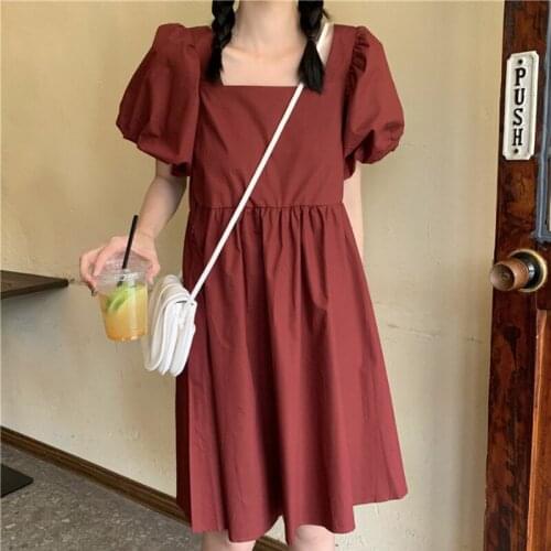 Soild Puff Short Sleeve Women Dress Mini High Waist Dresses Elegant Loose Casual Sweet Summer Square Collar Dress with Hat