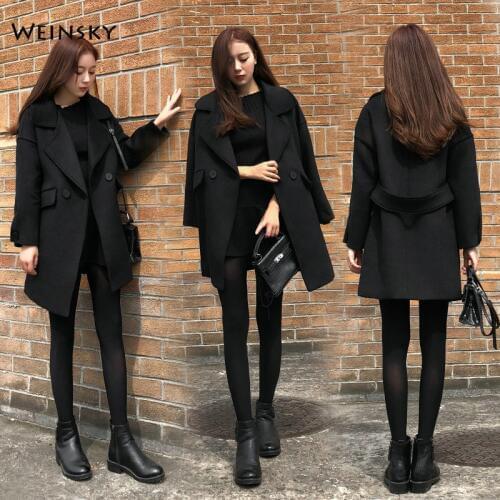 Weinsky Women Coats Autumn Winter Coat 2019 Fashion Overcoat Office Ladies Double Breasted Loose Blac