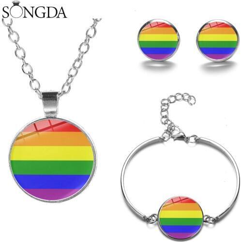 Men Women Gay Pride Jewelry Sets Rainbow Flag LGBT Love is Love Pride Glass Photo Cabochon Earrings Bracelet Necklace Set