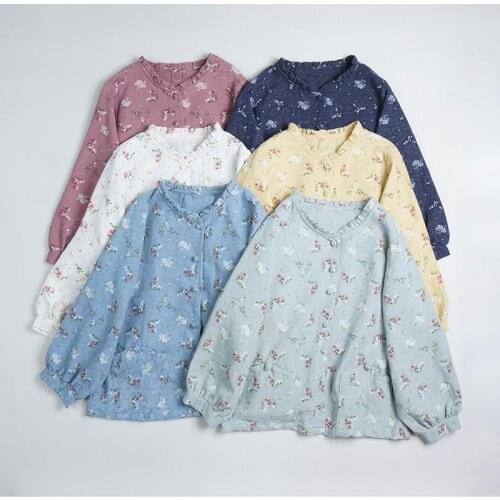 Japan Style Mori Girl Floral Print Lantern Long Sleeve Cotton Linen V-Neck Women Blouse Women