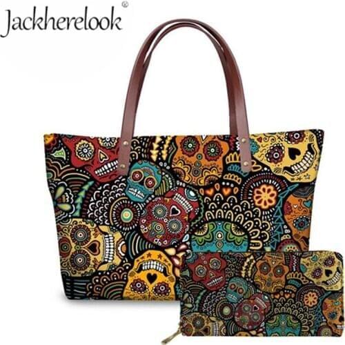 Jackherelook Women Handbag&Wallet Set Surga Skull Pattern Shoulder Bag and Purse Long Leather Wallet Cool Travel Top-Handle Bag