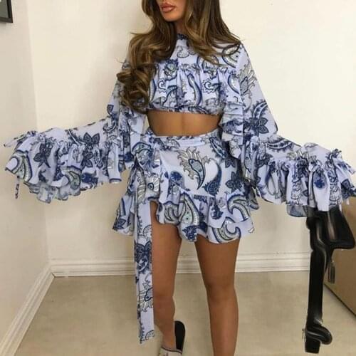 Fandy Lokar Ruffles Suits Women Fashion O Neck Long Sleeve Tops Suit Women Elegant A Line Skirts Suits Female Ladies