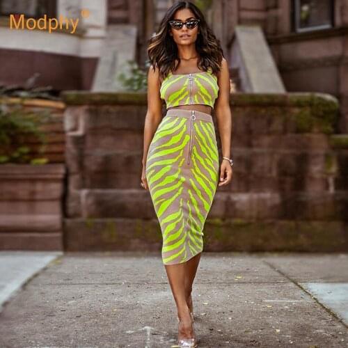 2019 Summer New Womens Sexy Print Bandage Set Sling Top &midi Skirt 2 Two-piece Club Celebrity Party Set Vestidos