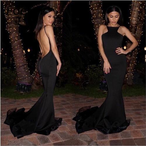 Backless 2019 Long evening dress Sexy Vestido de festa longo Straps Sweep Train Mermaid Black Prom evening dresses for women