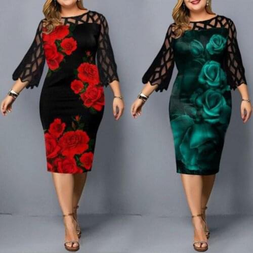Plus Size Formal Dress Elegant Digital Print Lace Womens 3/4 Sleeve Round Neck Dress 2021 Casual Party Dresses платье летнее