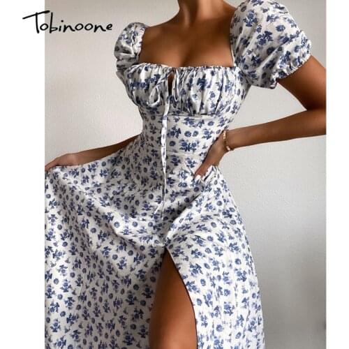 Tobinoone Elegant low cut vacation Dresses Women Casual Floral Print party dress lace up Puff Sleeve Side Slit Midi Dress Lady