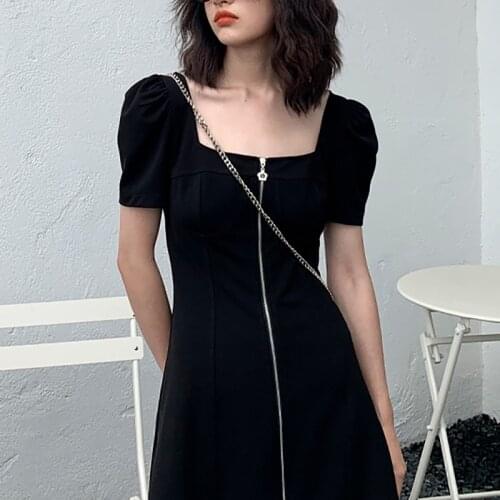 Summer Fashion Woman Casual Vestido Sexy Bodycon Puff Sleeve Square Collar Black Mini French Vintage Office Outfit A-line Dress