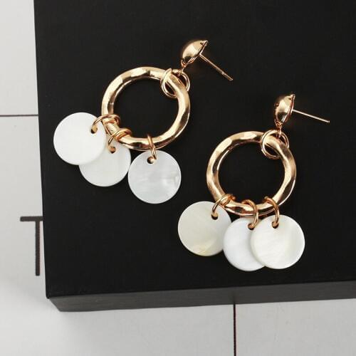 2 Patterns 3 White Small Shell Round Slice Pendant Golden Silver Plated Loop Dangle Earrings Drop Earrings