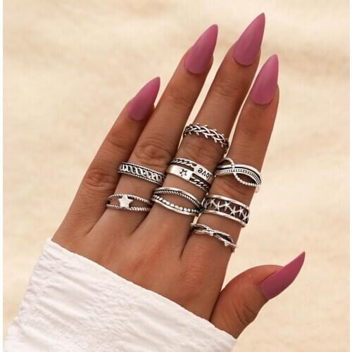 9 PCS Mix Shape Bohemia Vintage Star Twisted Carved Rings Set Ethnic Punk Totem Antique Silver Color Knuckle Finger Midi Ring