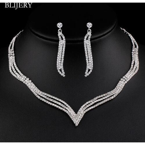 BLIJERY Elegant Crystal Bridal Jewelry Sets Silver Color Geometric Choker Necklace Earrings Sets for Women Wedding Accessories