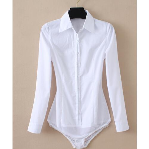 Pure White Cotton Bodysuit Women Tops and Blouses Long Sleeve Turn-down Collar Pleated Button Up Office Shirts with Panties XXXL