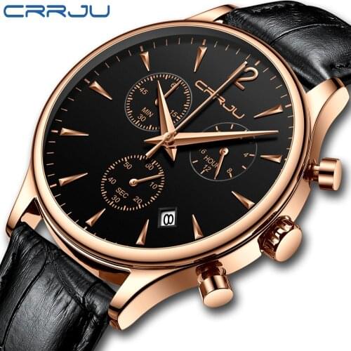CRRJU New Fashion Mens Watches Top Brand Luxury Big Dial Military Quartz Watch Leather Waterproof Sport Chronograph Watch Men