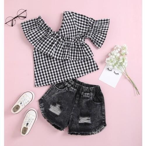 Kids Fashion 2pcs Clothes Suit Summer Plaid V-Neck Short Single Sleeve Pullover+ Ripped Short Jeans Toddler 1-7 Years Clothes