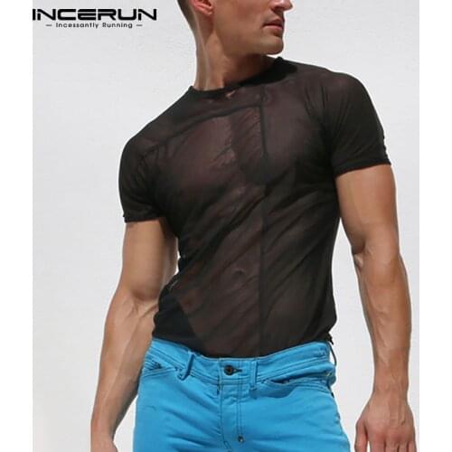 INCERUN Men Short Sleeve Mesh T-Shirts Fashion Round Neck See Through Camisetas 2021 Summer Man Sexy Transparent Tee Tops 5XL 7