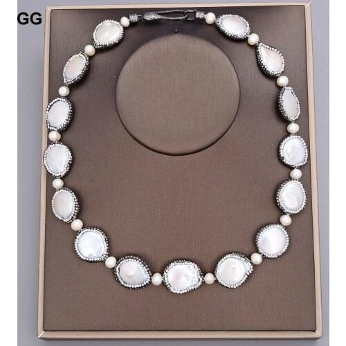 GuaiGuai Jewelry 20" Natural White Coin Freshwater Pearl Black Macarsite Pave Necklace Handmade For Women