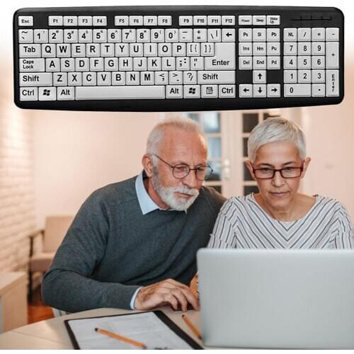 107 Keys USB Wired White Keys Black Letter Large Print Keyboard for Old People Designed for People With Visual Impairment