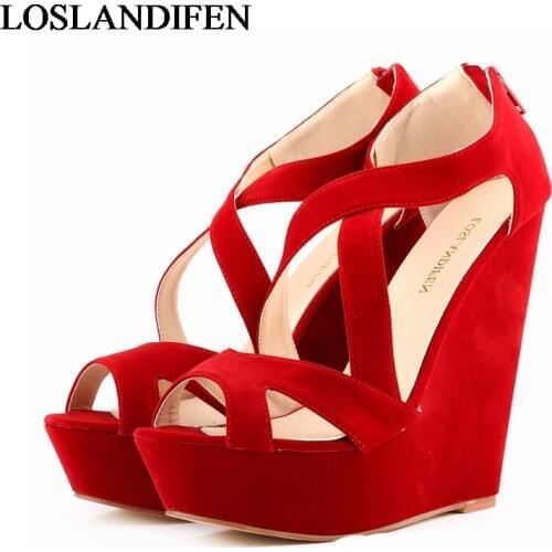 Summer Fashion Shoes Women High Heel Flock Leather Wedges Platform Sandal Ladies Wedge Sandals Woman Shoes NLK-A0101