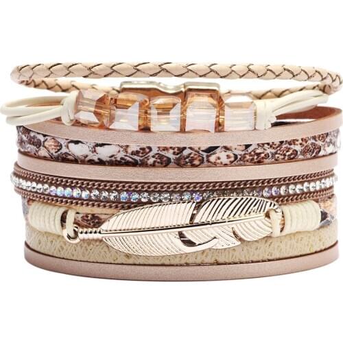 Jewelry Women Vintage Leaf Feather Multilayer Leather Bracelet Men Fashion Braided Handmade Rope Wrap Bracelets Female Jewelry