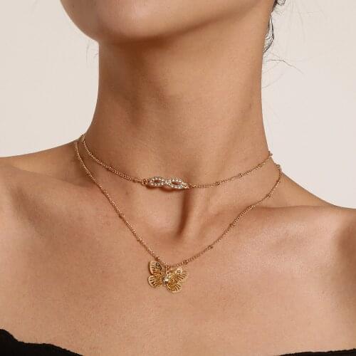 Fashion Double Layer Crystal Bowknot Butterfly Necklace Pendant Women Personality Clavicle Choker Round Beads Necklace Jewelry