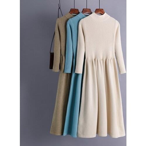 Autumn and Winter Half-High Collar Swing Long Knitted Dress