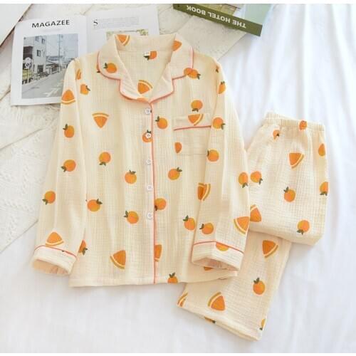 Autumn Women Pajamas 100% Cotton Crepe Soft Pijamas Long Sleeve Print Sleepwear 2 Piece Set Loungewear Loose Home Clothing 2020