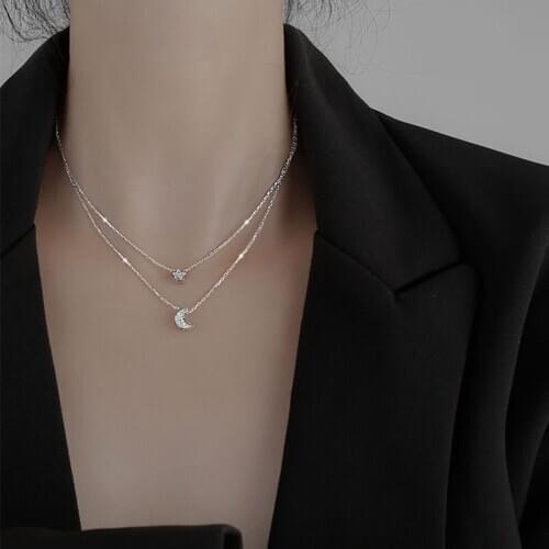 S925 Sterling Silver Necklace for Women Star Moon Double Layer New Clavicle Chain In 2020 Jewelry Wholesale