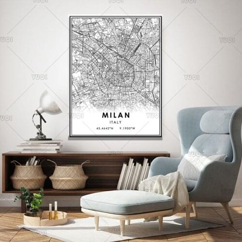 Map print poster canvas poster canvasWorld Map MILAN Black White MapPoster Picture Home Decor Large Wall Pictures For Living Roo