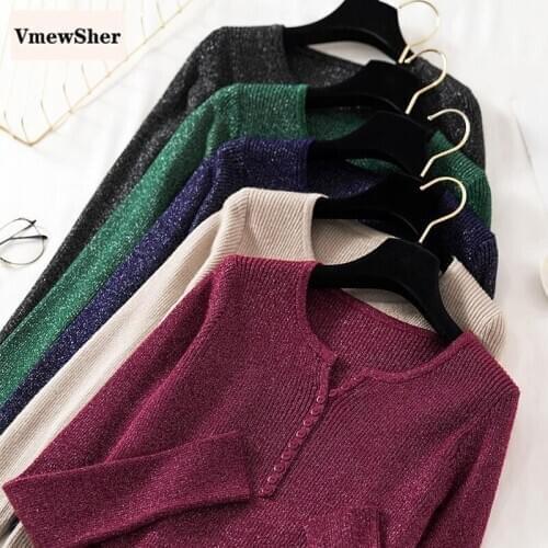 VmewSher Bling O-neck Pullovers Sweaters Womens Spring New Solid Knitted Casual Loose Bottoming Female Basic Shinny Sweater Top