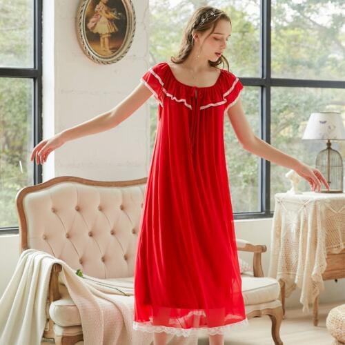 Roseheart Women Fashion Female Red Black Sexy Sleepwear Nightdress Long Lace O Neck Nightwear Sleepshirts Nightgown Sleepwear