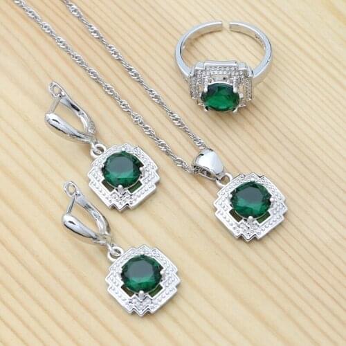 Silver 925 Jewelry Set Round Emerald Geometric Ring Earrings Necklace Pendant Bridal Adjustable Ring Classic Accessories