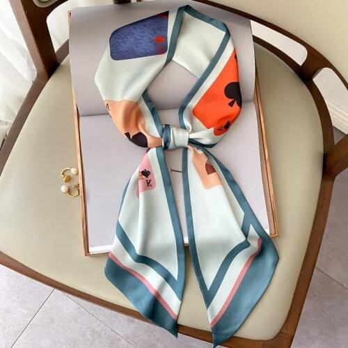 Brand Cartoon Poker Print Bag Strap Scarf Narrow Womens Spring Silk Scarf Female Head Scarf Headwear Long Bag Ribbon Scarves