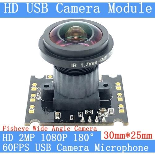 180° Wide-angle 2MP fish eye USB Camera Module 1080P MJPEG 60fps High Speed Linux UVC Webcam Surveillance Microphone