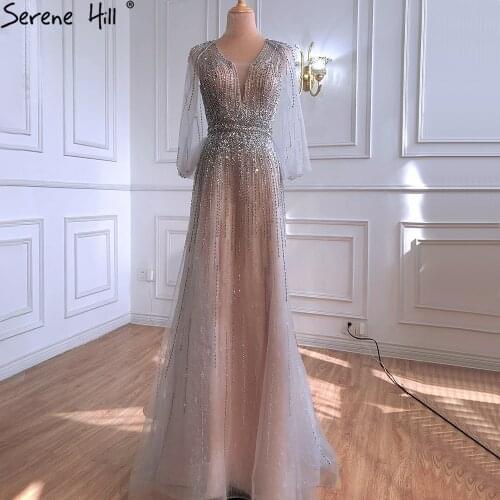 Serene Hill Silver Nude A-Line Evening Dresses 2021 Beading Luxury Sexy Party Gowns For Women DLA70911