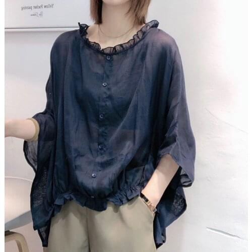 PIPIMOTHER Women Cotton And Linen Korean Version Loose Blouse Bat Sleeve Top