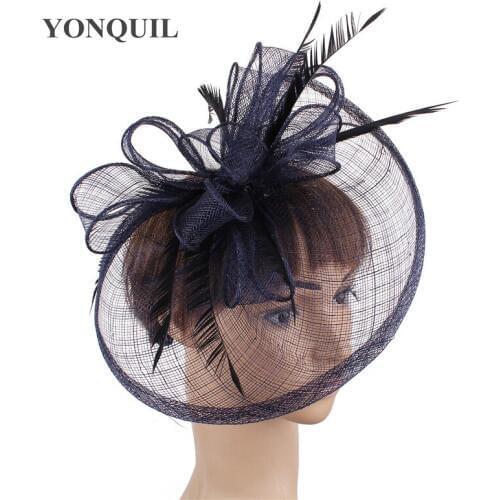 Vintage Elegant Navy Blue Fedora Cap Shapeau Hat Wedding Fascinators Feather Loop Headwear Ladies Female Hair Accessories SYF278