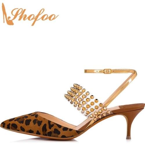 Famous Brand Brown Leopard Gold Rivets PVC Sandals Kitten Heels Ankle Wrap Plus Size 44 45 Woman Ladies Party Shoes Fashion 2021