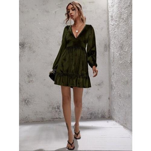 Women Solid Color A-Line Dresses Patchwork Long Sleeve Deep V Neck Slim Velvet Y2K Dress For Woman Robe Femme Vestido De Mujer