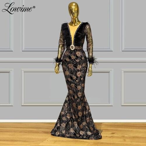 Abendkleider Black Feathers Evening Dresses Mermaid Party Gowns Sparkly Glitter Vestido De Festa 2020 Long Mermaid Prom Dress