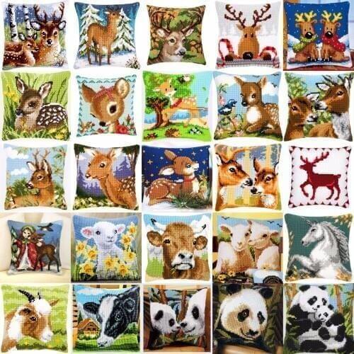 Animals 02 DIY Needlework Kit Acrylic Yarn Embroidery Pillow Tapestry Canvas Cushion Front Cross Stitch Pillowcase
