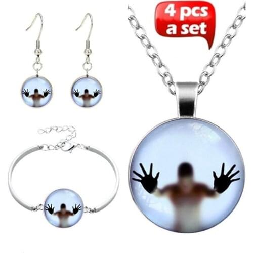 4Pcs/Set New Handmade Glowing Jewelry,Glowing Pendant Man Behind The Glass art photo glow in the dark necklace Bracelet Earrings