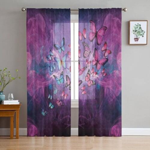 Butterfly Abstract Purple Background Voile Tulle Sheer Curtains for Bedroom Living Room Kitchen Decor Chiffon Windows Curtain