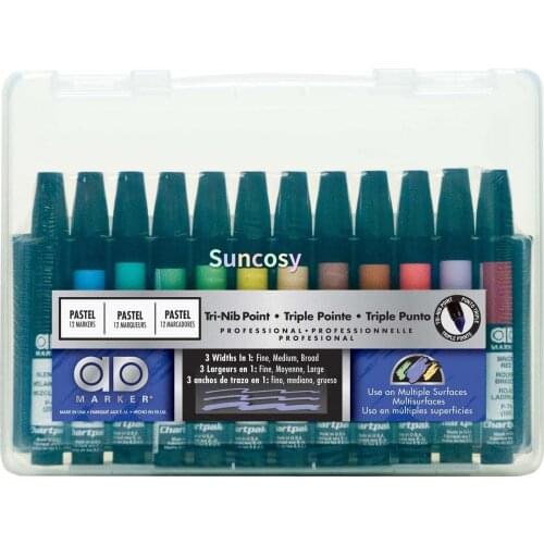 AD Marker The Original Chartpak Tri-Nib, 12 Assorted Pastel Colors in Plastic Carrying Case, 1 set