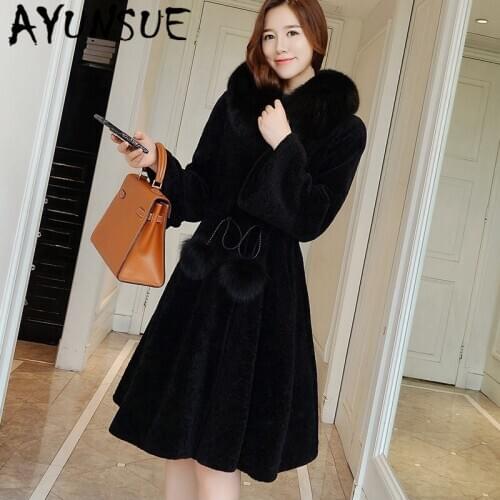AYUNSUE Real Fur Coat Female 100% Wool Warm Winter Clothes Women Fox Fur Collar Hooded Woman Jacket 2020 Mujeres Abrigos 1713